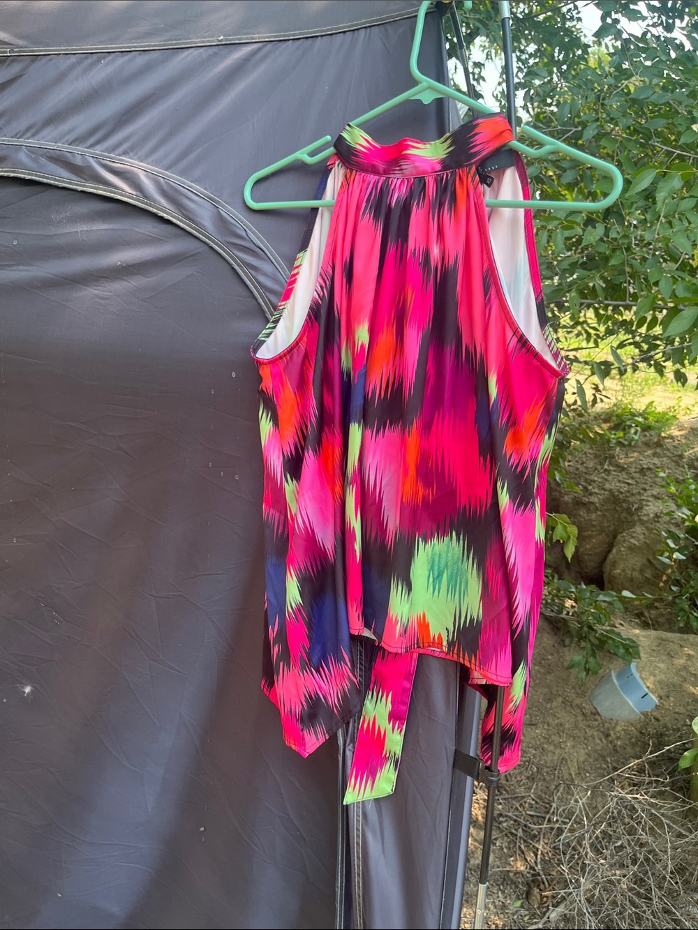 Neon Abbey Glass  High-Neck Tank Top - Pink & Green. Tieback